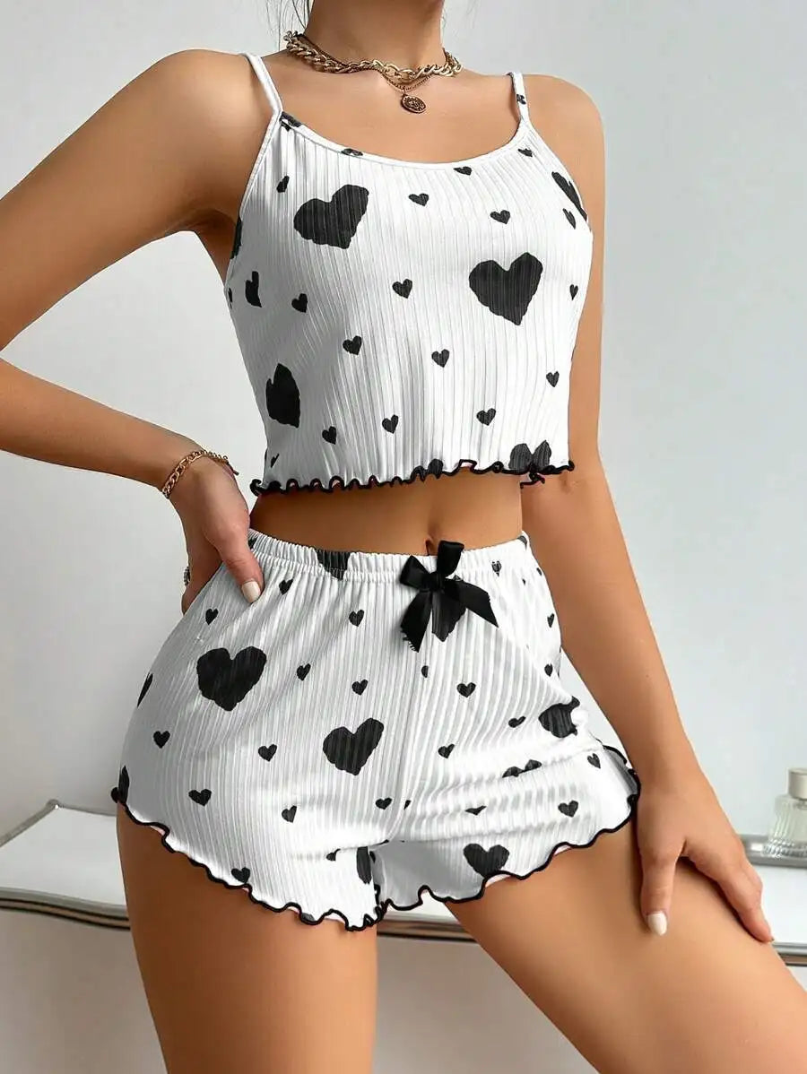 Women's 2PC Pajama Set – Soft Sleeveless Tank & Shorts | Casual Sleepwear with Love Print (S- L, White)