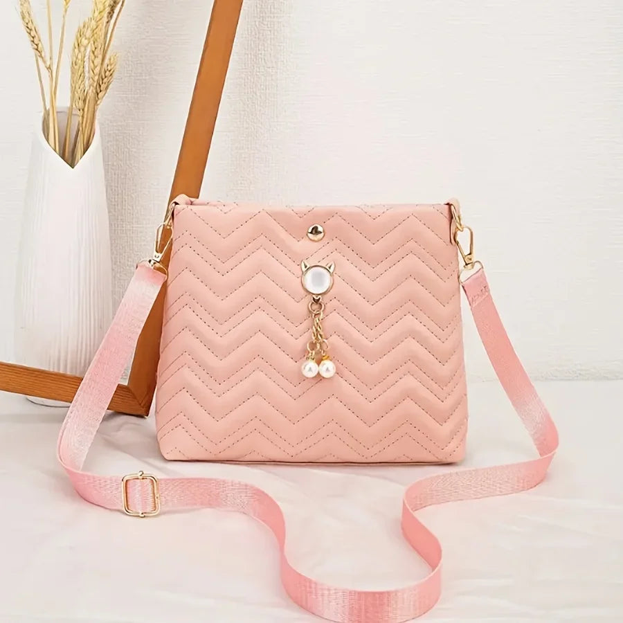 Women's Quilted Crossbody Bag - Cat Pearl Pendant Shoulder Purse Elegant Handbag for Gifts & Daily Style