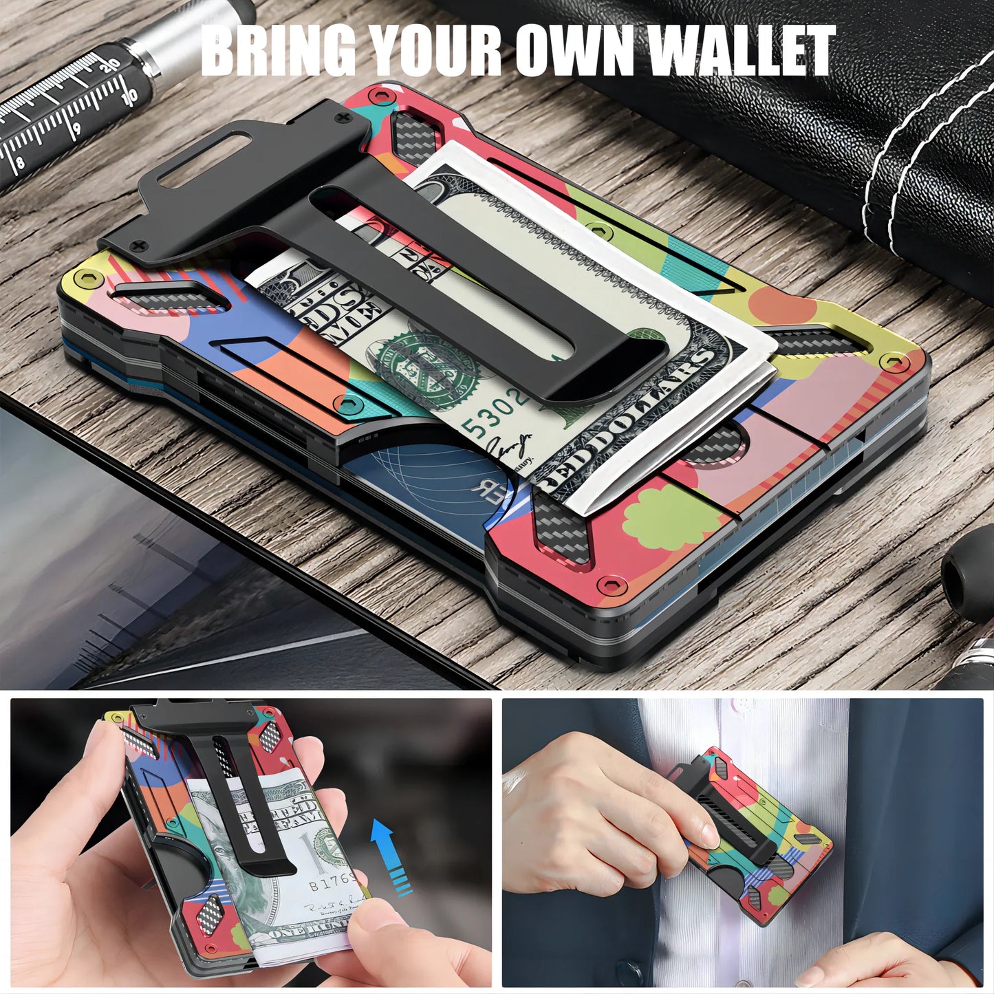 Slim Aluminum Minimalist Wallet for Men — RFID Blocking Money Clip with Clear ID Holder, Holds 15 Cards