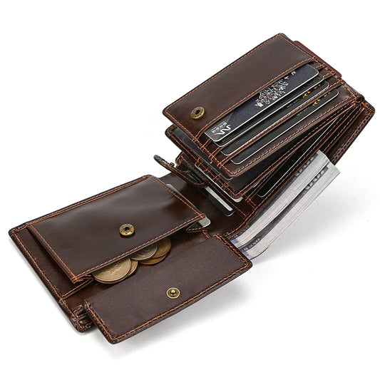 Genuine Cow Leather Trifold Wallet – Men’s Short Wallet with Zipper Coin Pocket & Card Holder Clutch Purse