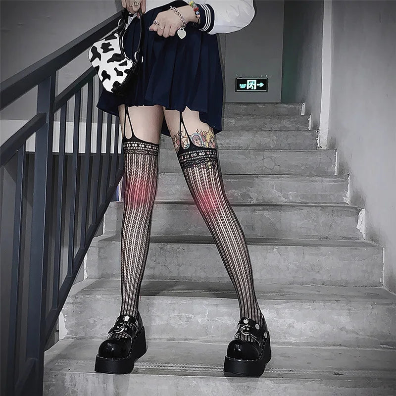 Women’s Gothic Bat Fishnet Stockings - Harajuku Emo Mesh Thigh High Tights with Sexy Alternative Lingerie Style