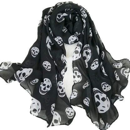 Summer Beach Long Shawl - Fashion Skull Print Chiffon Silk Scarf, Hijab, Soft and Thin, 50x150cm for Men and Women
