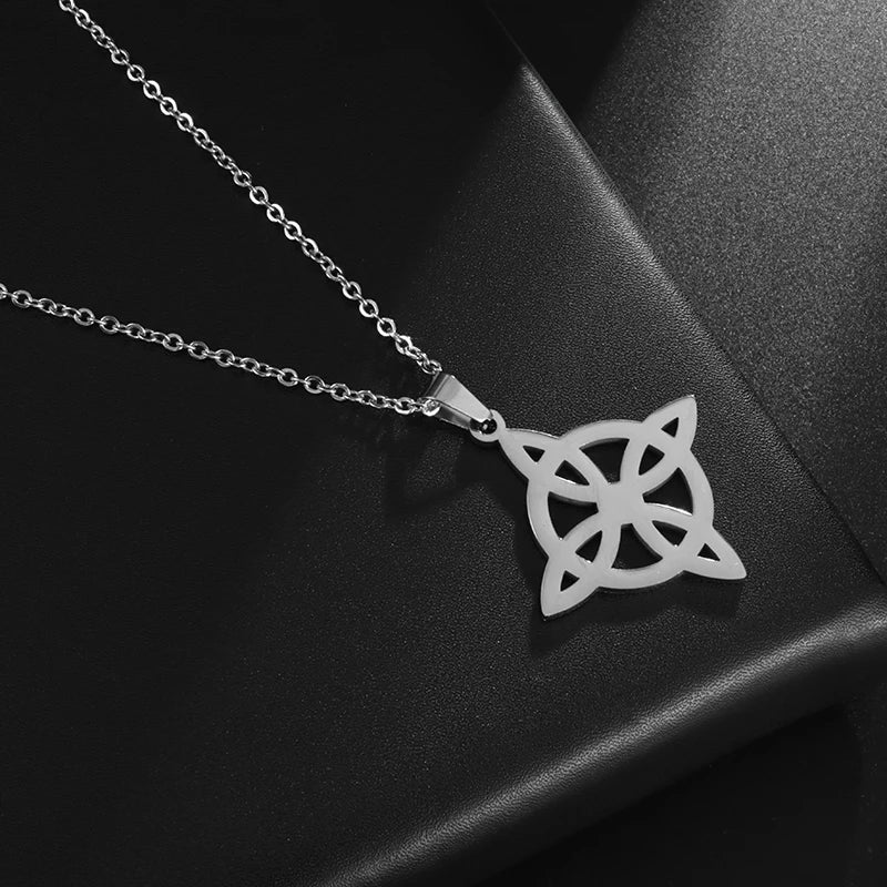 Witch Knot Necklace – Stainless Steel Magic Celtic Knot Pendant, Pagan Witchcraft Symbols, Jewelry Gift for Women