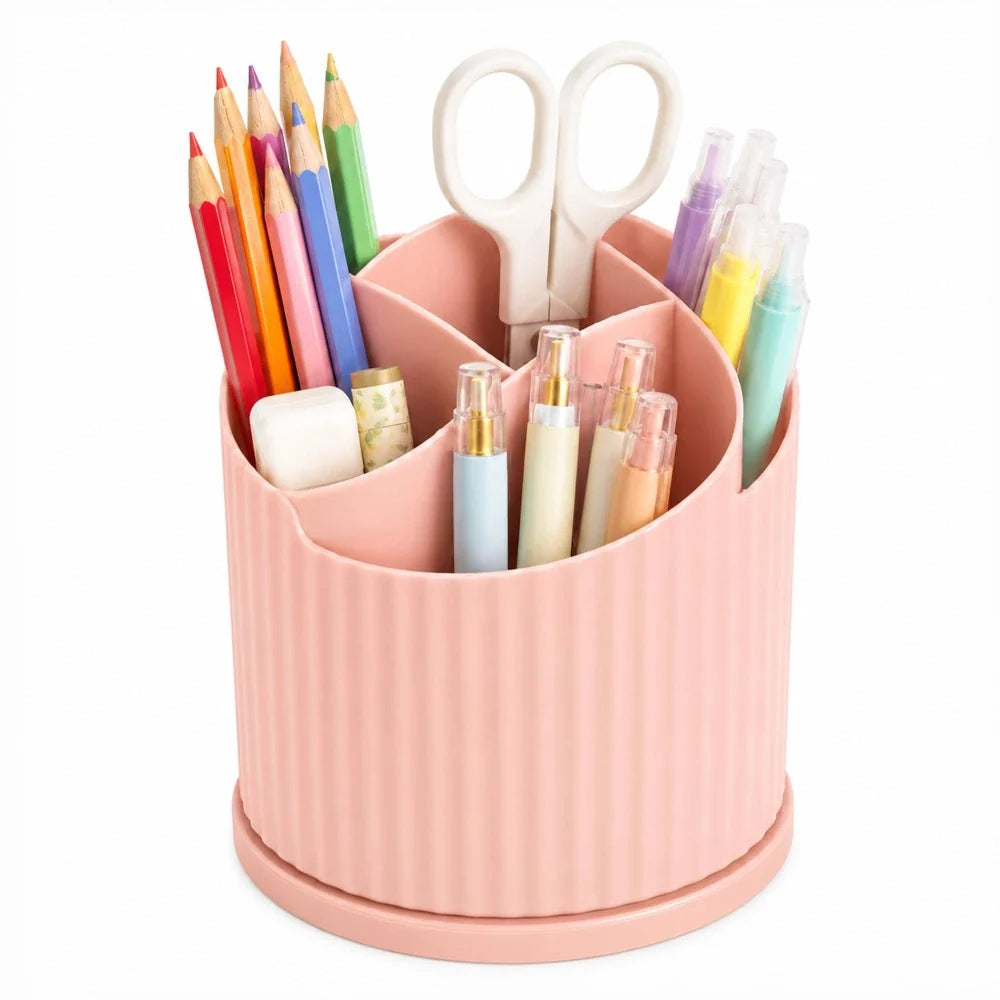 360° Rotating Pen Holder Organizer - 5 Compartment Candy Color Desk Storage Box for Kids, School & Office