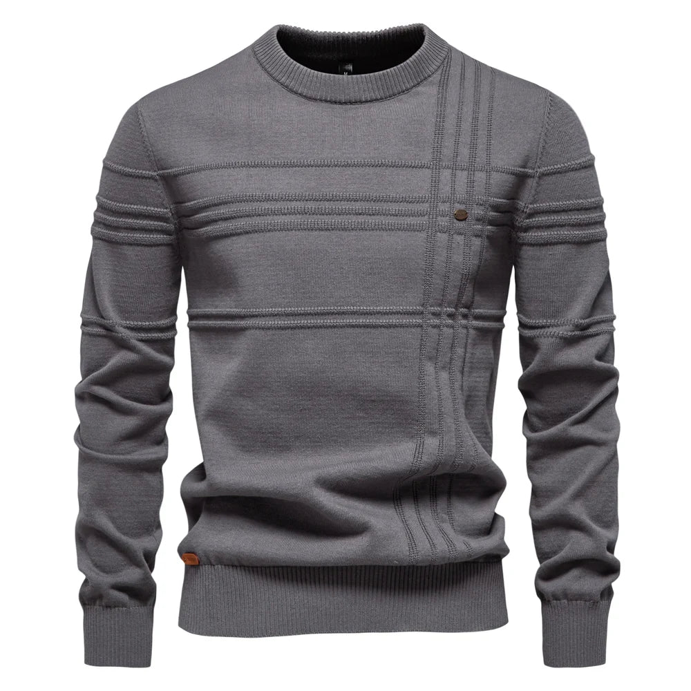 AIOPESON Men's Crewneck Sweater - Striped Cotton Knit Pullover Autumn Winter Warm Casual Top