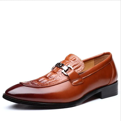 Men's Crocodile Grain Leather Loafers - Slip-On Business Office Wedding Party Dress Shoes with Buckle Flats