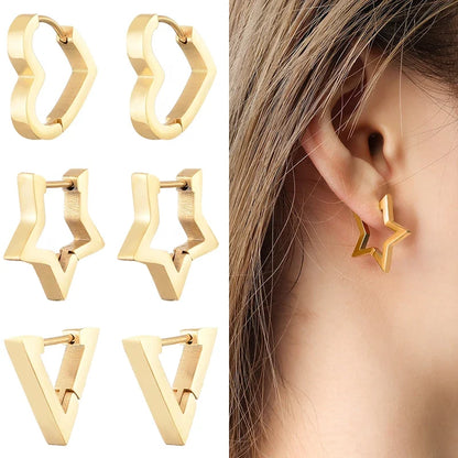Classic Stainless Steel Hoop Earrings - Heart, Star, Oval & Geometric Punk Hip Hop Jewelry for Women & Men
