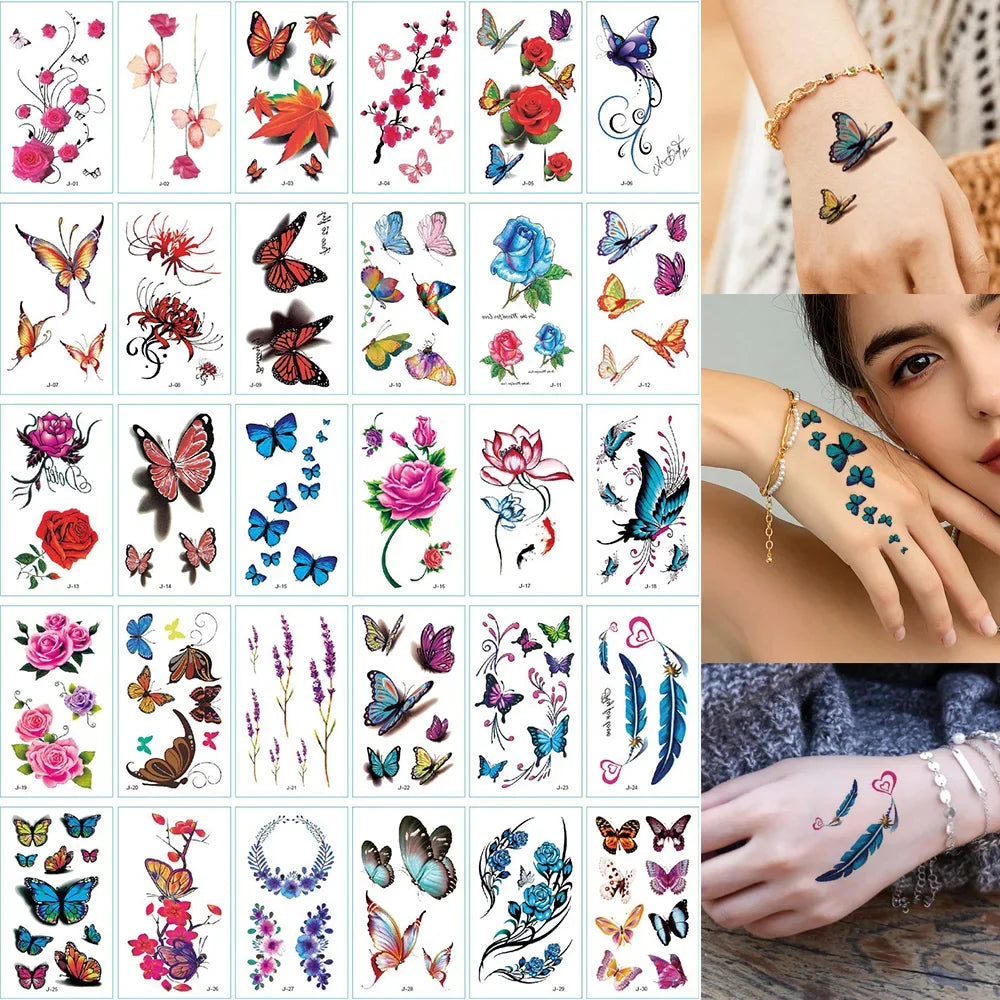 30pcs Black Temporary Tattoo Stickers - Flower Butterfly Rose Moon Star Mandala Designs for Hand, Chest & Body Art