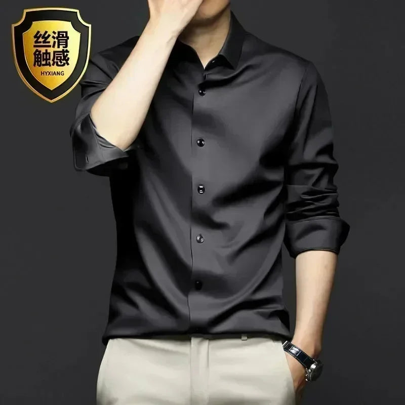 Men’s Luxury White Dress Shirt - Wrinkle-Resistant Ice Silk Glossy Long Sleeve Business Casual Shirt S-6XL