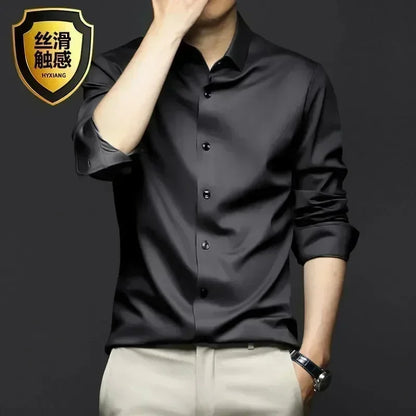 Men’s Luxury White Dress Shirt - Wrinkle-Resistant Ice Silk Glossy Long Sleeve Business Casual Shirt S-6XL