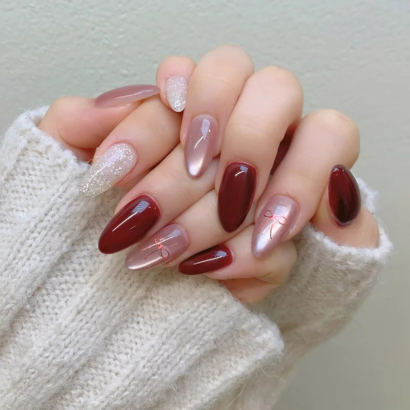 24PCS Glossy Red Cat Eye Press-On Nails Almond Full Cover Reusable Fake Nail Set