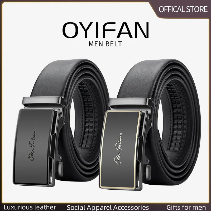 OYIFAN Men’s Genuine Leather Belt – Designer Alloy Buckle Automatic Ratchet Belt