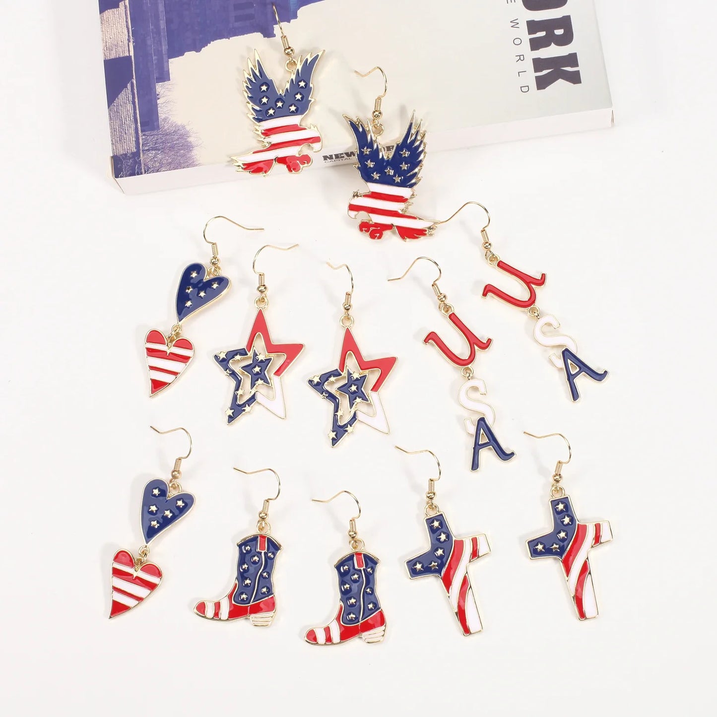 USA Flag Heart Star Cross Earrings - Patriotic Independence Day Dangle Jewelry for Women
