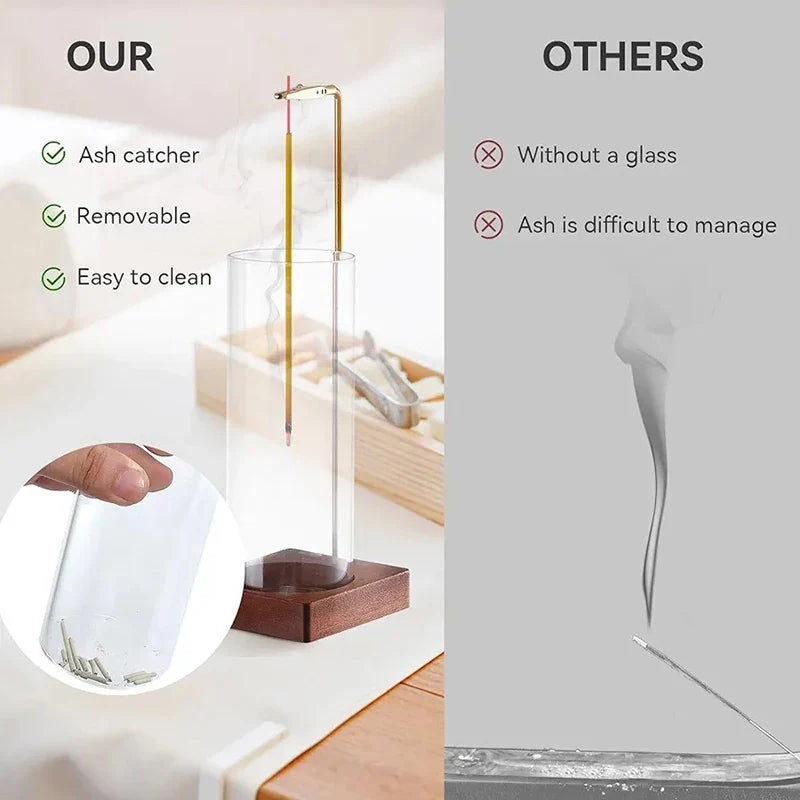 Mess-Free Incense Holder for Sticks - Removable Glass Ash Catcher Burner for Meditation, Yoga & Spa
