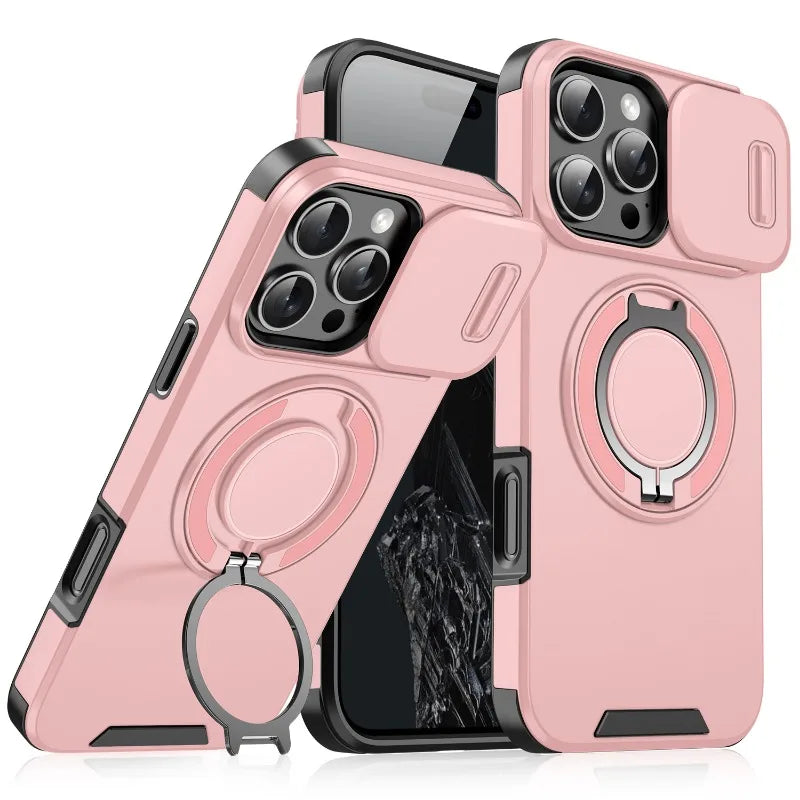 Luxury Rugged Armor Magnetic Case – Heavy Duty PC Cover with Slide Camera Protection for iPhone 16, 15, 14, 13, 12, 11 Pro Max Plus