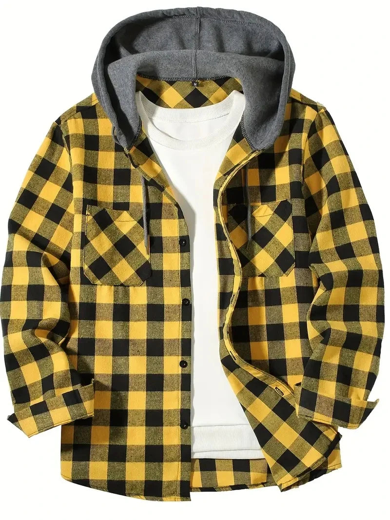 Youth Men’s Hooded Plaid Shirt - Slim Fit Long Sleeve Casual Travel & Streetwear Jacket