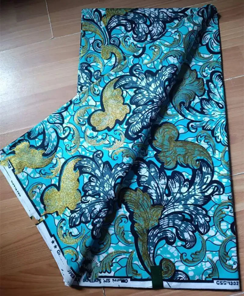 African Golden Glitter Wax Fabric - 6 Yards Ankara Batik Pagne Material for Sewing & Fashion Designs