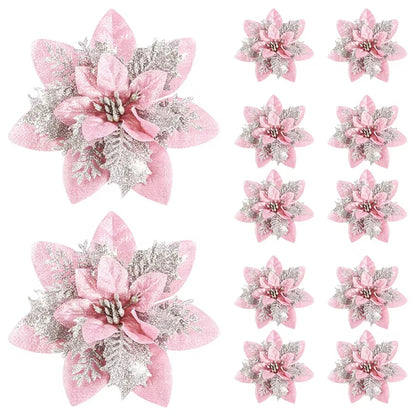 5/10PCS 14.5cm Christmas Flower Ornaments | Pink, Red, Gold Glitter Artificial Flowers for Tree & Home Xmas Decoration
