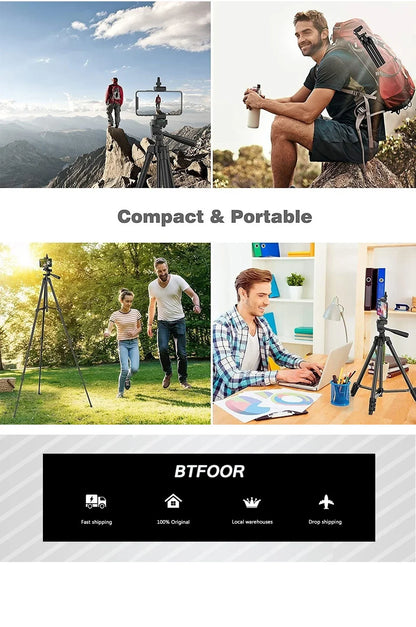 55" Aluminum Travel Tripod – 140CM Tall Stand with Quick Release Plate & Pan Head for Phone, Canon, Nikon, DSLR, SLR Cameras