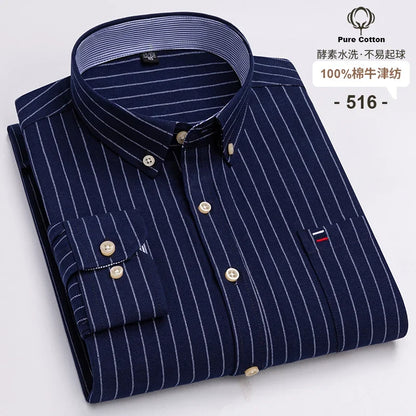 Men's 100% Cotton Oxford Plaid Shirt - Soft Regular Fit Long Sleeve Formal Dress Shirt with Pocket S-7XL