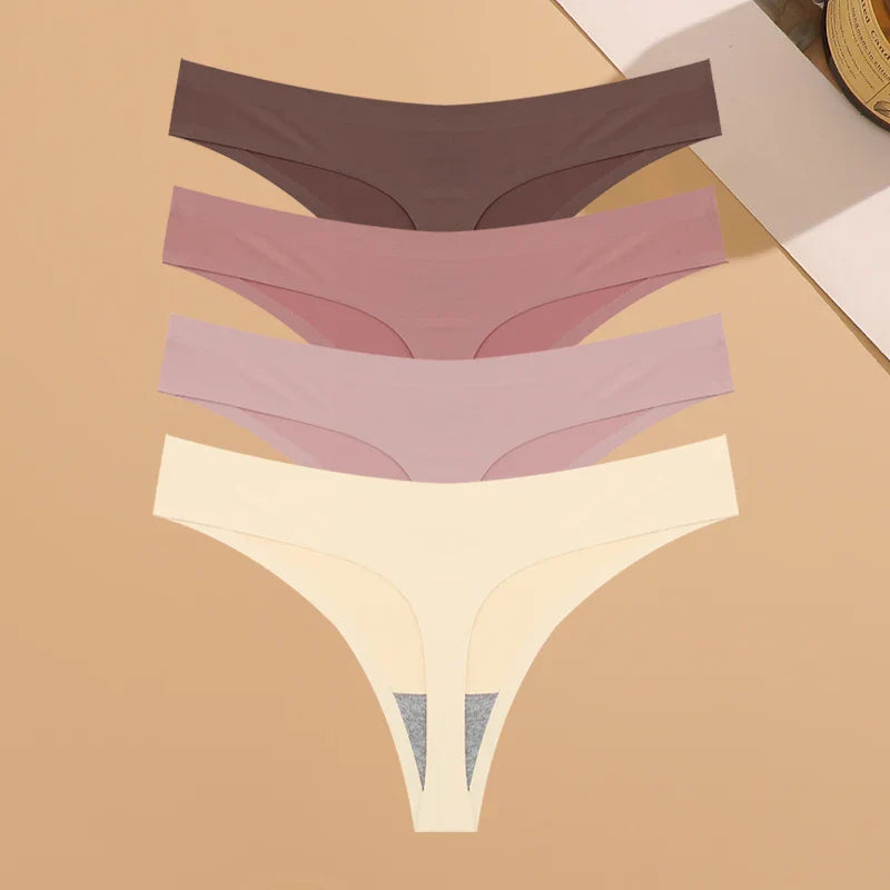 4PCS Women’s Ultra-Thin Seamless Underwear — Invisible Ice Silk Thongs, Low Waist Breathable Bikini Lingerie