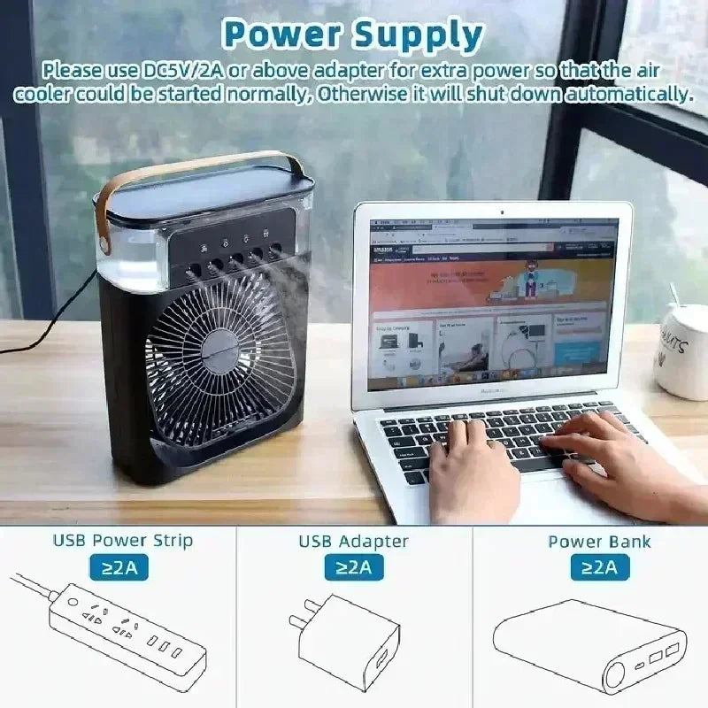 3-in-1 Mini Air Cooler Fan – Portable Household Air Conditioner with LED Night Light, Humidifier, and Adjustable Air for Home & Office