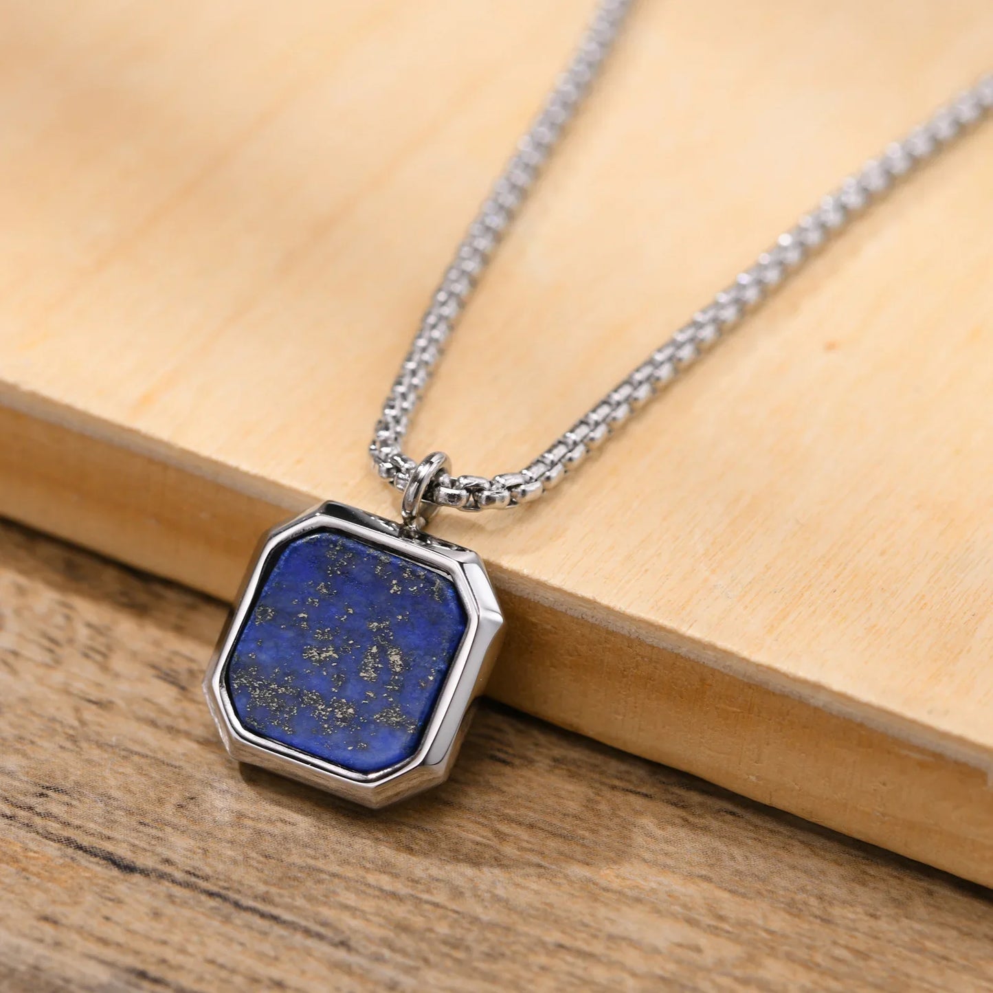 Vnox Stylish Men's Square Natural Stone Necklace - Stainless Steel Geometric Polygon Pendant, Casual Punk Jewelry Gift