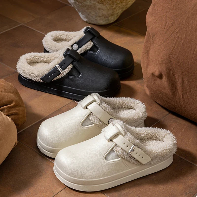 Women’s Winter Plush Mules Slippers - Waterproof EVA Furry Slides with Warm Lining, Metal Buckle & Non-Slip Sole