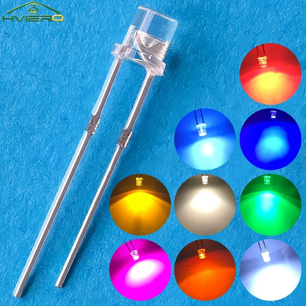 100x 3mm Flat Head LED Bulbs - Bright Wide Angle Light Emitting Diodes for DIY Electronics & Decorations