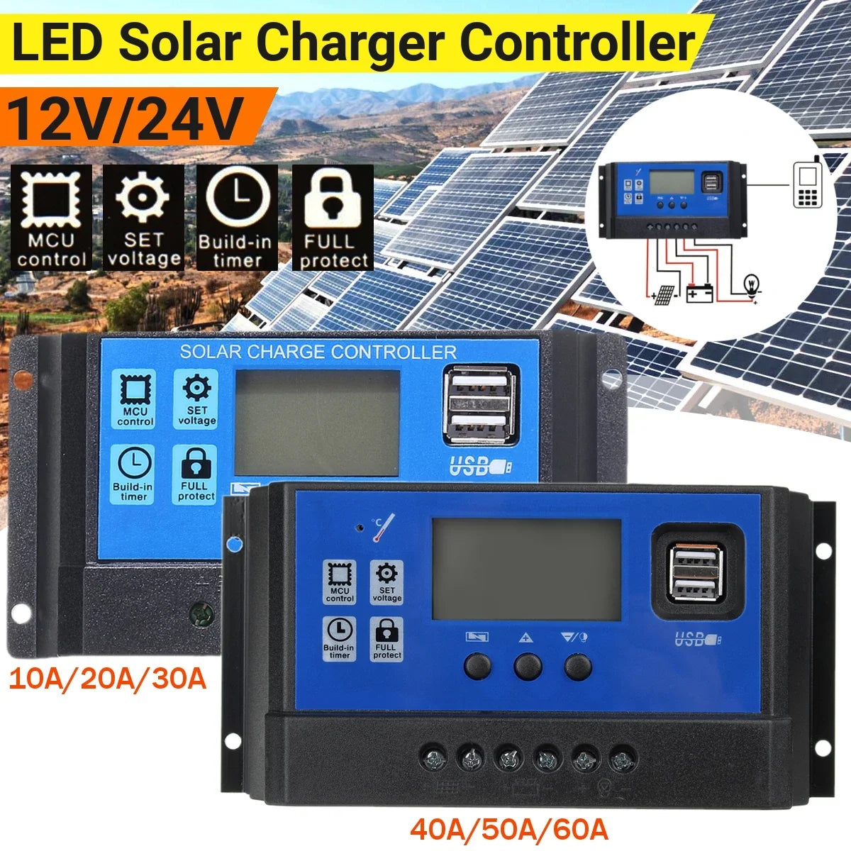 Solar Charge Controller 12V/24V PWM MPPT - LCD Display Battery Regulator with Timer Settings (10A–100A)