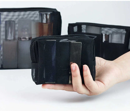 Transparent Mesh Zipper Cosmetic Bag – Fashionable Black Toiletry Organizer, Small & Large Makeup Pouch for Women