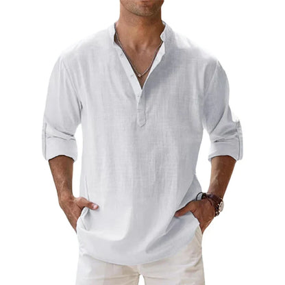Men's Cotton Linen Henley Shirt - Lightweight Long Sleeve Casual Beach Summer Top