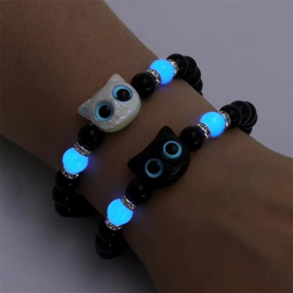 Luminous Cat Matching Bracelets for Couples | Glow-in-the-Dark Black & White Friendship Bangles | Cute Gift for Him & Her