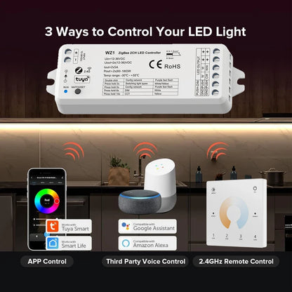 CENFAYA ZigBee & RF 2CH LED Controller - Smart DC 12V/24V Dimmer for CCT LED Strips with Remote Control
