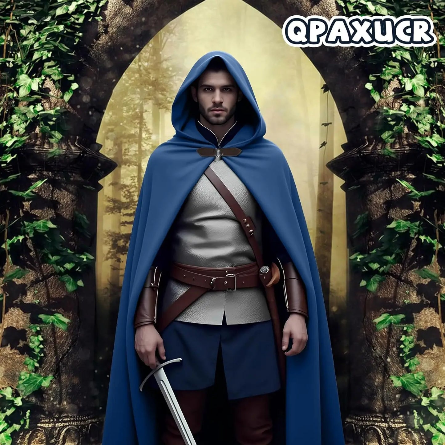 Men’s Medieval Hooded Cloak – Round Metal Buckle with Green Leaf Brooch Necklace for Halloween Costume