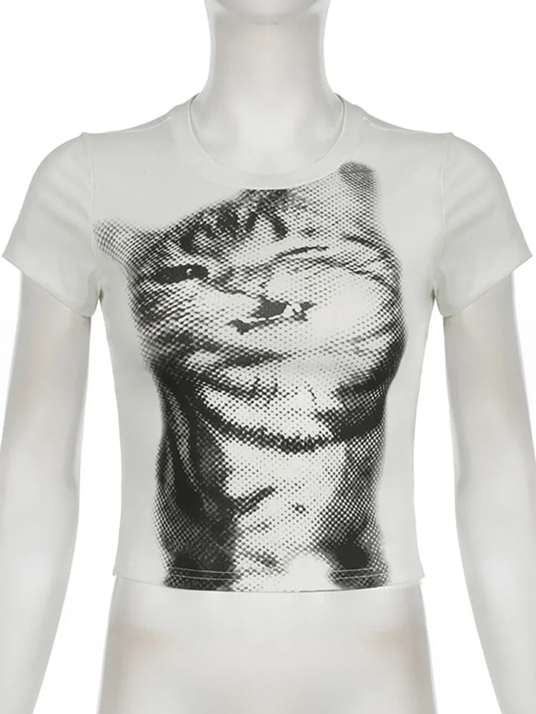 Harajuku Animal Print Crop Top - Women’s Y2K Vintage White Short Sleeve Slim Fit Casual T-Shirt