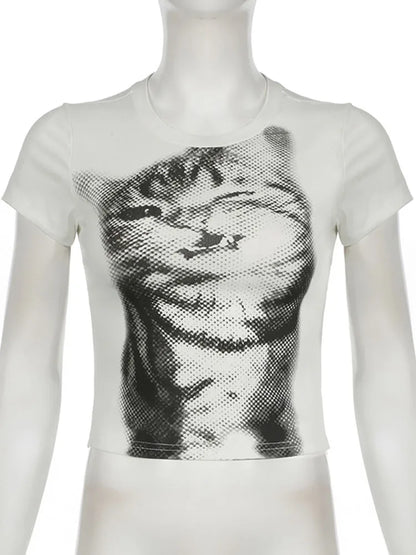 Harajuku Animal Print Crop Top - Women’s Y2K Vintage White Short Sleeve Slim Fit Casual T-Shirt