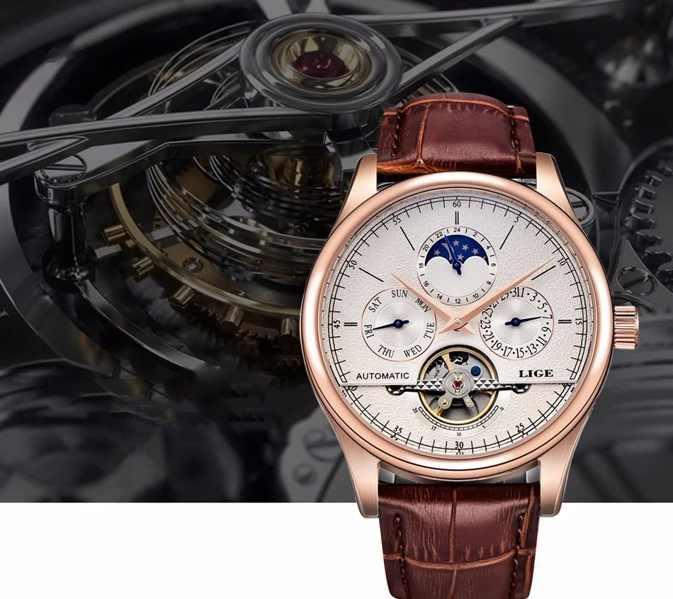 LIGE Men's Automatic Mechanical Tourbillon Watch - Waterproof Genuine Leather Military Wristwatch