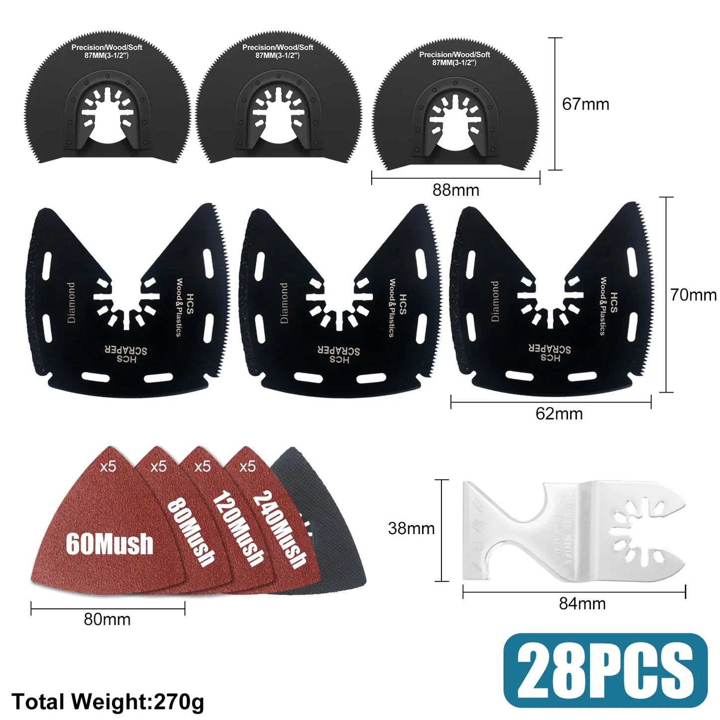 Tooth Oscillating Saw Blade Kit - 10-39PCS Carbide Multitool Blades for Wood PVC & Metal Cutting