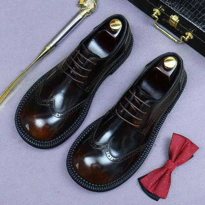 Men's Retro Genuine Leather Brogue Shoes - Handmade Round Toe Flat Dress Shoes for Weddings & Formal Occasions
