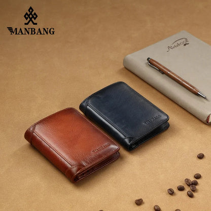 Manbang Genuine Leather Men’s RFID Blocking Trifold Wallet – High Quality Card Holder with ID Window Slim Business Wallet for Men