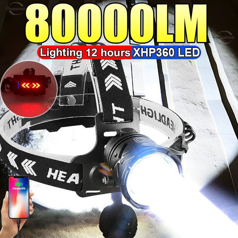 80,000LM Powerful XHP360 LED Headlamp – USB Rechargeable Ultra Bright Headlight Flashlight, Large Aperture Camping & Fishing Head Lantern Waterproof Outdoor Torch