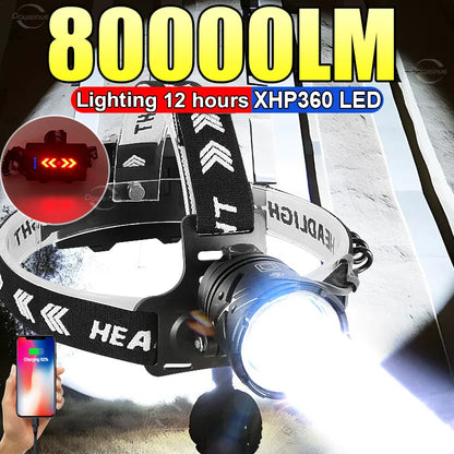 80,000LM Powerful XHP360 LED Headlamp – USB Rechargeable Ultra Bright Headlight Flashlight, Large Aperture Camping & Fishing Head Lantern Waterproof Outdoor Torch