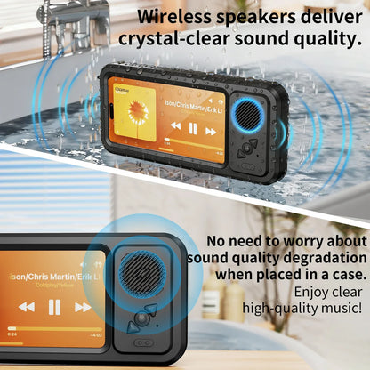 Waterproof Shower Phone Holder with Bluetooth Speaker – Wall Mounted Bathroom Phone Case Stand for Mirror & Hands-Free Music Streaming