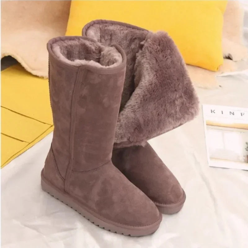 Women’s Classic Winter Snow Boots 2024 – Waterproof Leather Fur Knee-High Boots with Velvet Lining