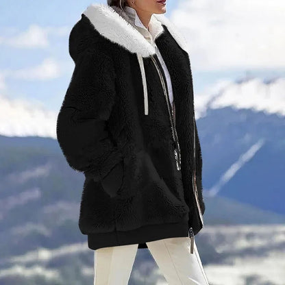 Autumn Winter Women's Hooded Coat – Casual Zipper Cashmere Fleece Jacket Solid Color Ladies Outerwear