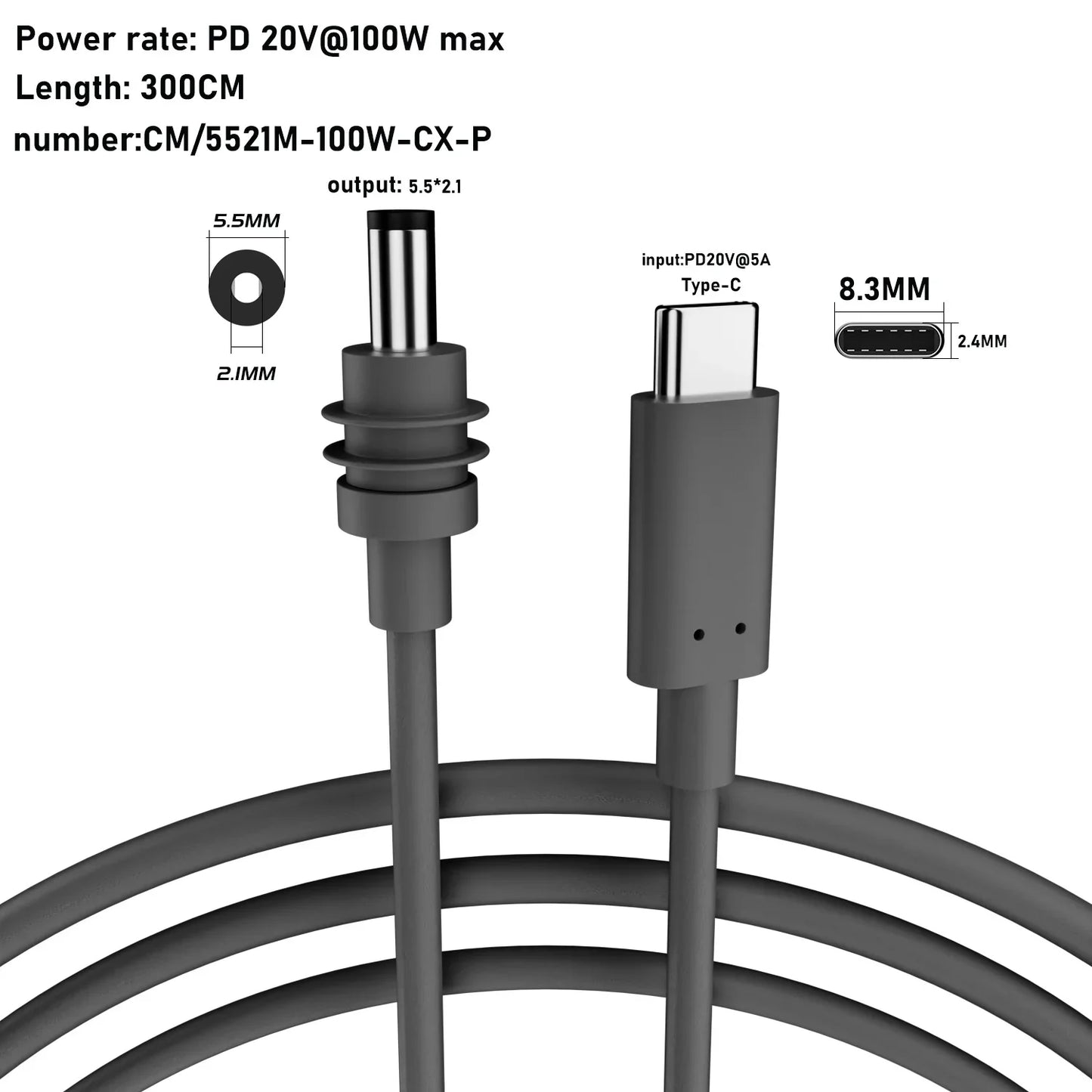 Starlink Mini 2M (6.6ft) DC Power Type-C Replacement Cable – Waterproof Outdoor Barrel Jack Charging Cable