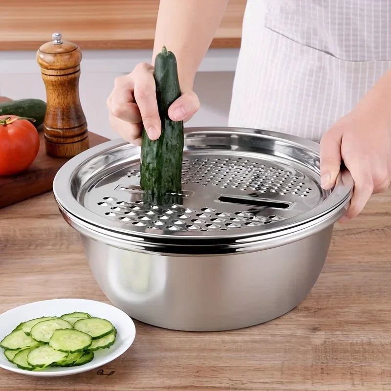 3-Piece Stainless Steel Mixing Bowl & Strainer Set – Multifunctional for Washing, Slicing & Prepping Fruits & Vegetables