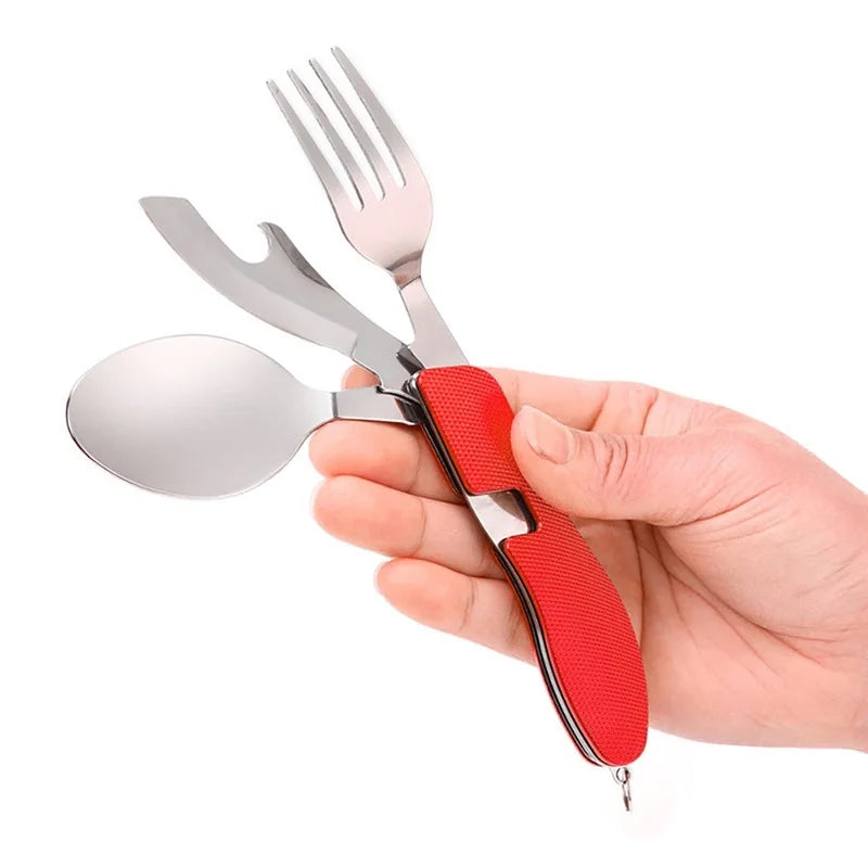 4-in-1 Foldable Tableware Set - Stainless Steel Spoon, Fork, Knife, and Bottle Opener - Compact Pocket Kits for Outdoor Use