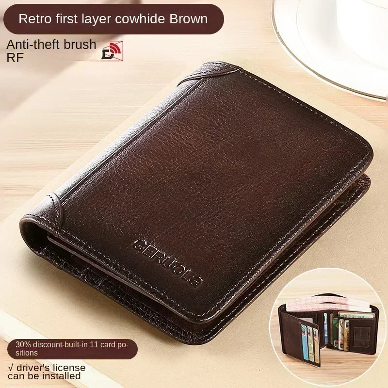 Genuine Leather Men’s RFID Blocking Trifold Wallet – Vintage Thin Short Multi-Function Card Holder ID Window Male Purse Money Wallet